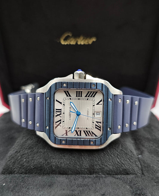 Cartier santos PVD Blue White Dial Rubber Strap